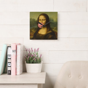 Relógio Quadrado Mona Lisa Piscando Goma-Bolha Rosa