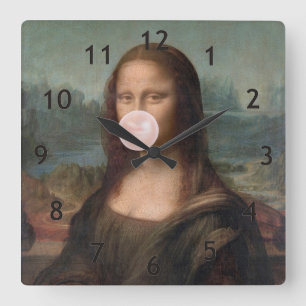 Relógio Quadrado Mona Lisa soprando pastilha elástica rosa