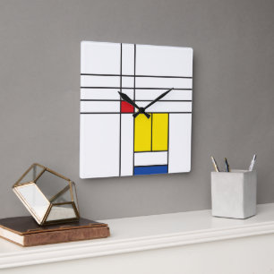 Relógio Quadrado Mondrian II Design de Arte Moderna Minimalista De 