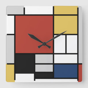Relógio Quadrado Mondrian Painting Red Plane Yellow Black Cinza Blu