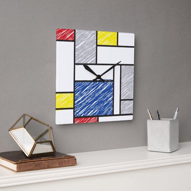 Relógio Quadrado Mondrian Scribbles Minimalist De Stijl Modern Art (Escritório)
