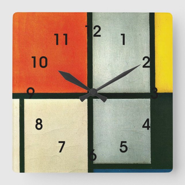 Relógio Quadrado Mondrian, Tableau 3 com Laranja-Vermelho, Amarelo. (Frente)