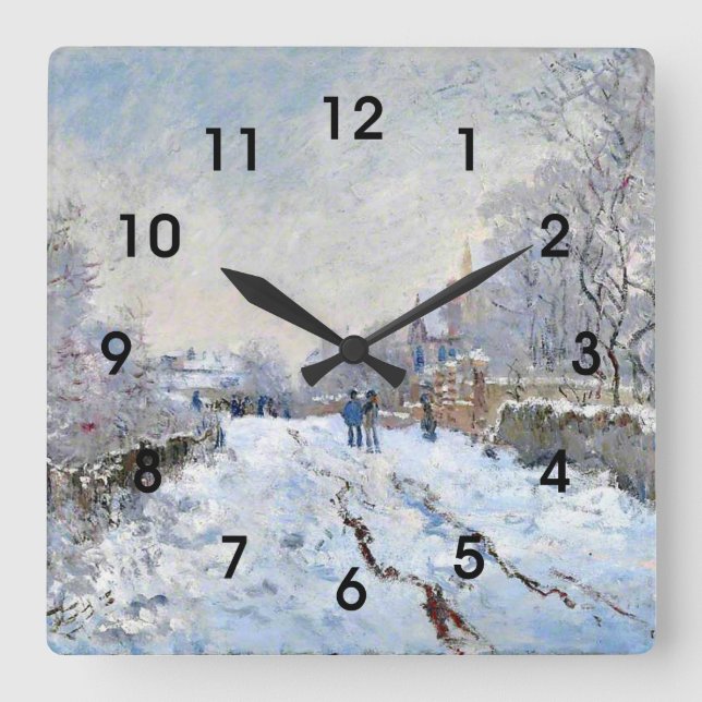 Relógio Quadrado Monet - Cena de Neve em Argenteuil (Frente)