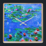 Relógio Quadrado Monet - Lírios-d'água (Vermelho), famoso trabalho<br><div class="desc">Claude Monet,  trabalho de arte</div>
