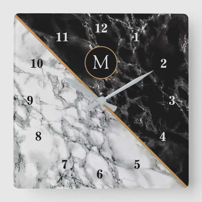 Relógio Quadrado Monogram Birthday Wall Clock Black White Marble (Frente)