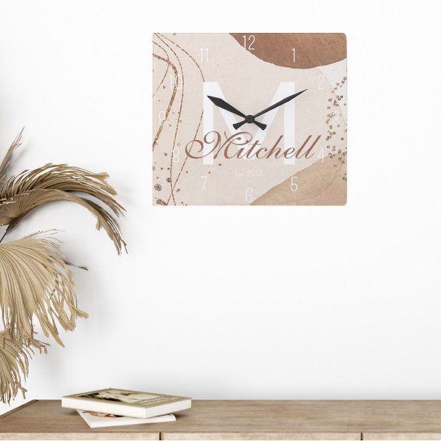 Relógio Quadrado Monograma Abstrato Personalizado Moderno (Criador carregado)