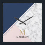 Relógio Quadrado Monograma azul-mármore moderno elegante marinho<br><div class="desc">Monograma azul-mármore moderno elegante marinho</div>