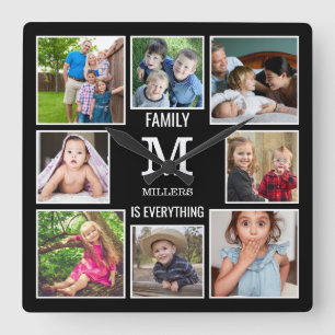 Relógio Quadrado Monograma da Família de Colagem de Fotografias Pe