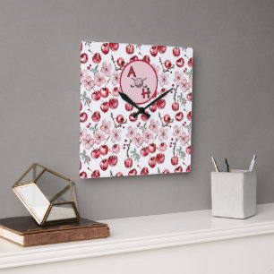 Relógio Quadrado Monograma de Cerejeira Flor de Golfe Personalizado
