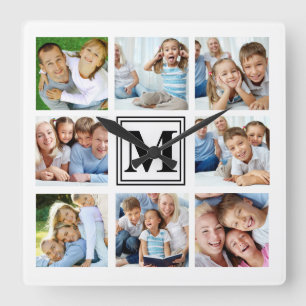 Relógio Quadrado Monograma de Colagem da Família de Fotos Preta Br