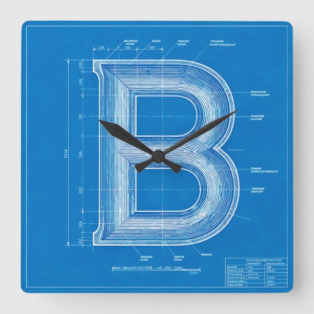 Relógio Quadrado Monograma de Letra B em Blueprint (Frente)