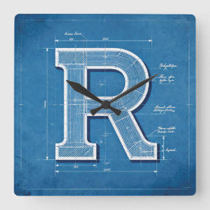 Relógio Quadrado Monograma de Letra R em Blueprint