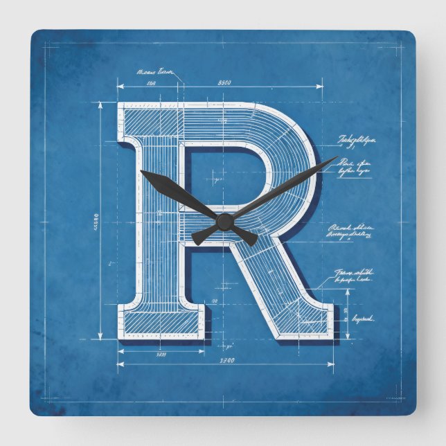 Relógio Quadrado Monograma de Letra R em Blueprint (Frente)