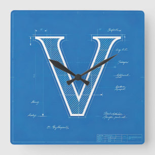 Relógio Quadrado Monograma de Letra V em Blueprint