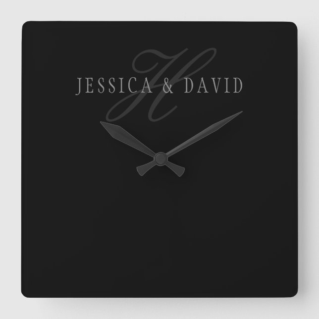 Relógio Quadrado Monograma de Nomes e Apelidos de Casais (Frente)