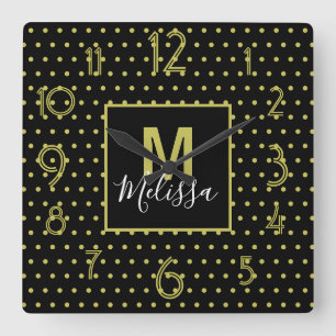 Relógio Quadrado Monograma do padrão do círculo do Ouro preto moder