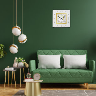 Relógio Quadrado Monograma Dourado do Mármaco branco de couro branc