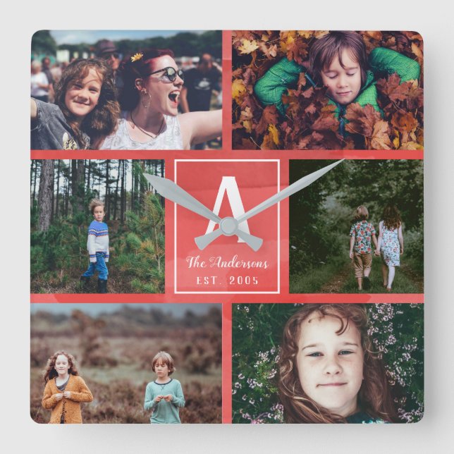 Relógio Quadrado Monograma e Colagem de Fotos da Família Red Waterc (Frente)