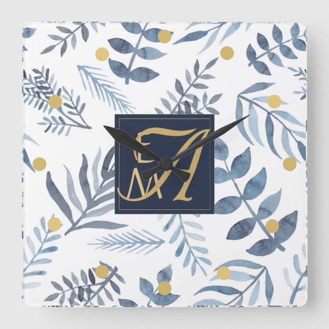 Relógio Quadrado Monograma Folhas Botânicas Samambaia Azul Naval Do (Frente)