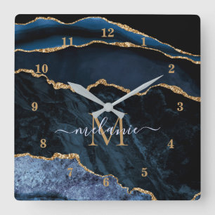 Relógio Quadrado Monograma Nome Agate Marinho Azul Gemstone Marble 