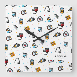 Relógio Quadrado Monograma. Padrão Médico. Para médicos e enferm