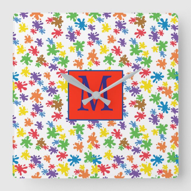 Relógio Quadrado Monograma - Paint Splatter (Frente)