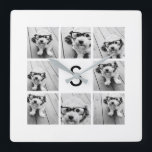 Relógio Quadrado Monograma personalizado de 8 imagens preto e branc<br><div class="desc">Você pode usar fotos do Instagram para este design. Use 8 fotos quadradas para criar um presente exclusivo e pessoal. Ou você pode ficar com o filhote de hipster e fazer uma marca de tendências. Se precisar ajustar as fotos,  clique na ferramenta personalizar para fazer alterações.</div>