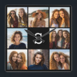 Relógio Quadrado Monograma Personalizado de Colagem de Fotos em Pre<br><div class="desc">Adicione 8 fotos e texto personalizado para fazer uma manutenção exclusiva para sua parede. A arte inclui 8 imagens ao redor de uma caixa de texto onde você pode adicionar um monograma ou outro texto.</div>