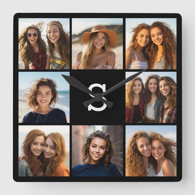 Relógio Quadrado Monograma Personalizado de Colagem de Fotos em Pre (Frente)