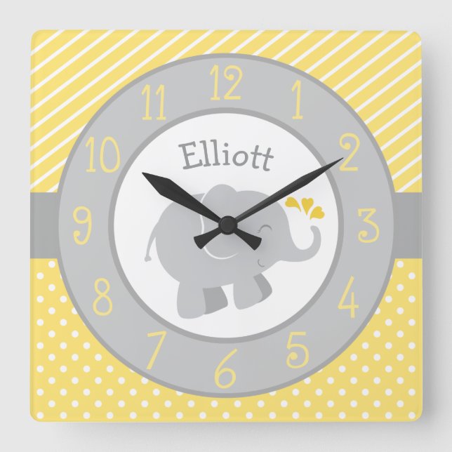 Relógio Quadrado Monograma Personalizado de Elefante Amarelo Modern (Frente)