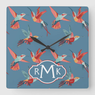 Relógio Quadrado Monograma retro do teste padrão do colibri