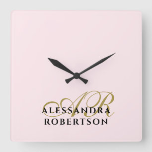 Relógio Quadrado Monograma Rosa Pastel Dourado Preto Minimalista Mo