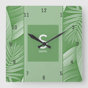 Relógio Quadrado Monograma Wall Clock Tropical Verde