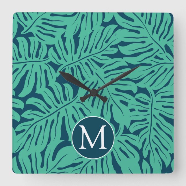 Relógio Quadrado Monstera Tropical Leaf Pattern | Monograma (Frente)