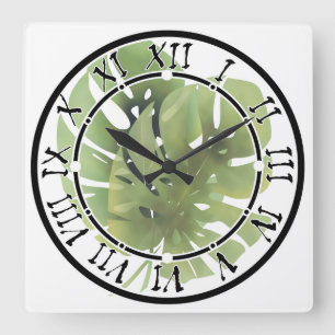 Relógio Quadrado Monstera verde tropical deixa aquarela