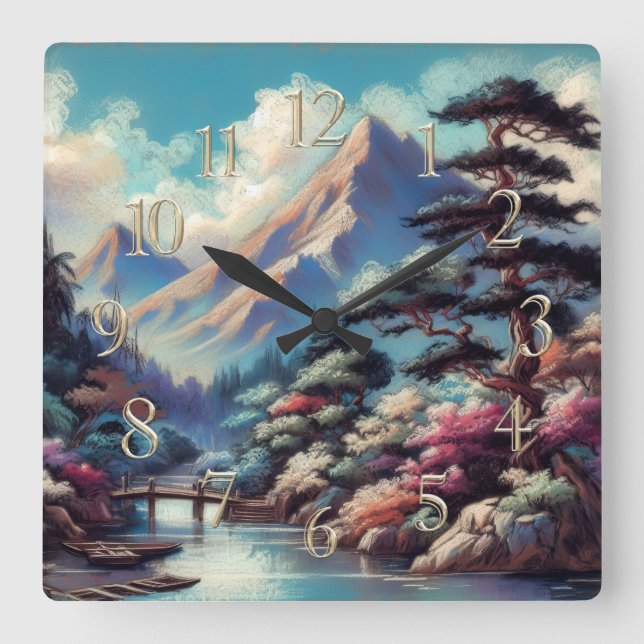 Relógio Quadrado Montanha da Paisagem Asiática Antiga de Desenho de (Frente)