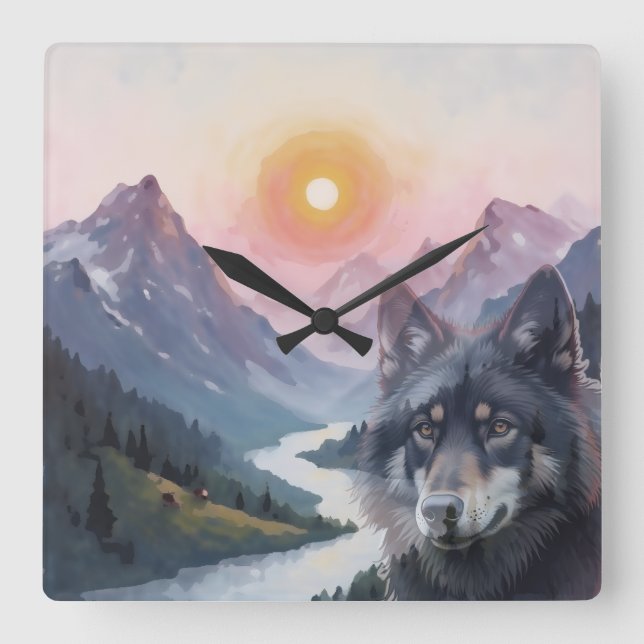 Relógio Quadrado Montanhas Majestosas com lobo (Frente)