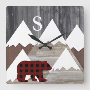 Relógio Quadrado Montanhas Rústicas Snowy Monograma do Urso de Bú