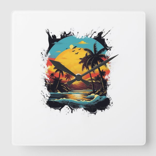 Relógio Quadrado Montre Murale Coucher de Soleil Tropical  (Frente)