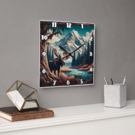 Relógio Quadrado Moose por Mountain Stream na Paisagem do outono