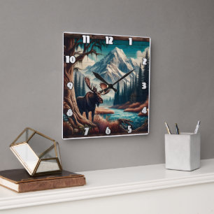 Relógio Quadrado Moose por Mountain Stream na Paisagem do outono