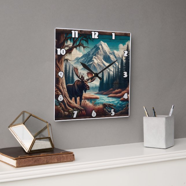 Relógio Quadrado Moose por Mountain Stream na Paisagem do outono (Escritório)