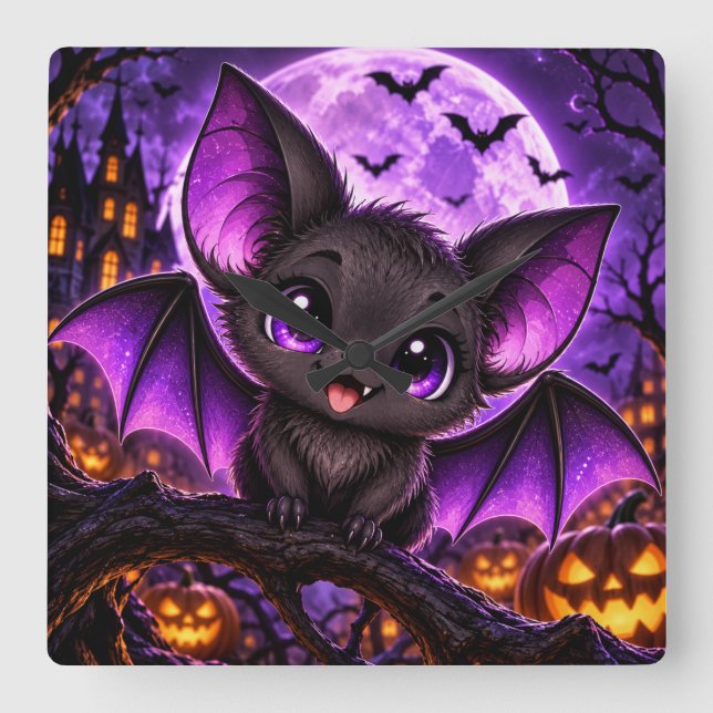 Relógio Quadrado Morcego Roxo Gótico Fofo de Halloween Lua (Frente)