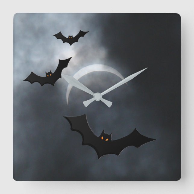 Relógio Quadrado Morcegos De Halloween Spooky No Eclipse (Frente)