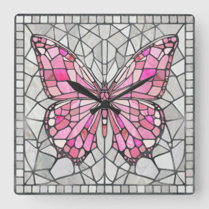 Relógio Quadrado Mosaico-borboleta - Fada-Rosa-clara e cinza