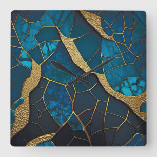 Relógio Quadrado Mosaico de Mármore Azul Cobalto com Veias de Relev