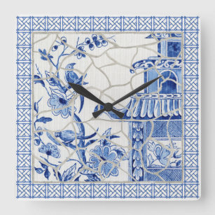Relógio Quadrado Mosaico Floral de Pássaro Chinoiserie Azul e Branc