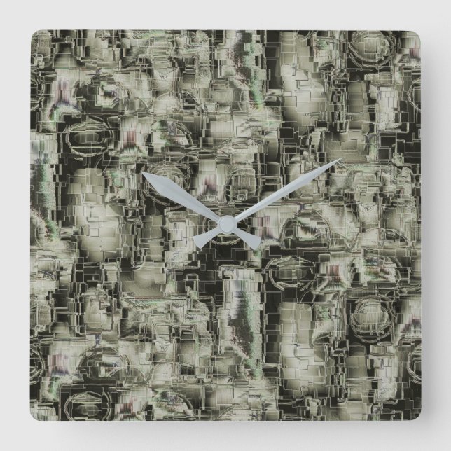 Relógio Quadrado mosaico gravado em abstrato em tons de cinza (Frente)