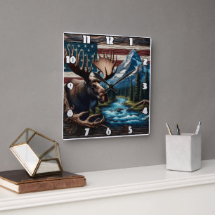 Relógio Quadrado Moso em frente à montanha e à bandeira americana