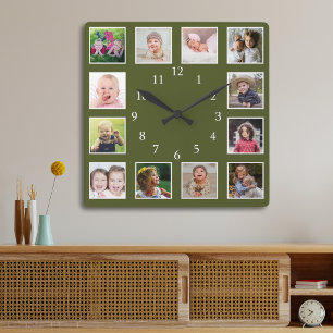 Relógio Quadrado Moss Verde 12 Colagem de Fotos Personalizada